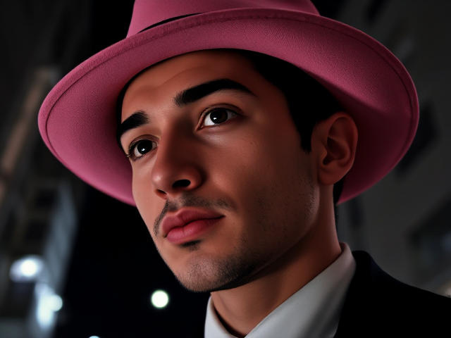 A gentlemen in a pink hat full body black and white way zoomed out