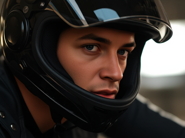 Biker with helmet on, tinted visor flipped down, and a male