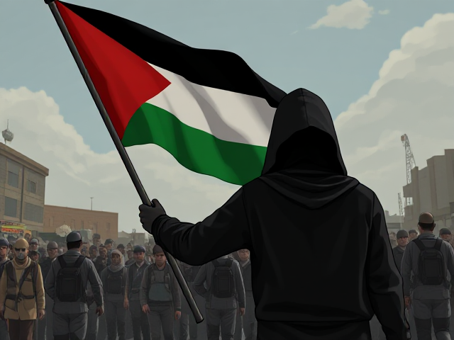 Accurate Palestinian Flag being waved by a hooded figure is followed by the people of Palestine as a guardian after they have been surviving the attacks they are under. Animated in the style of the Telltale's The Walking Dead