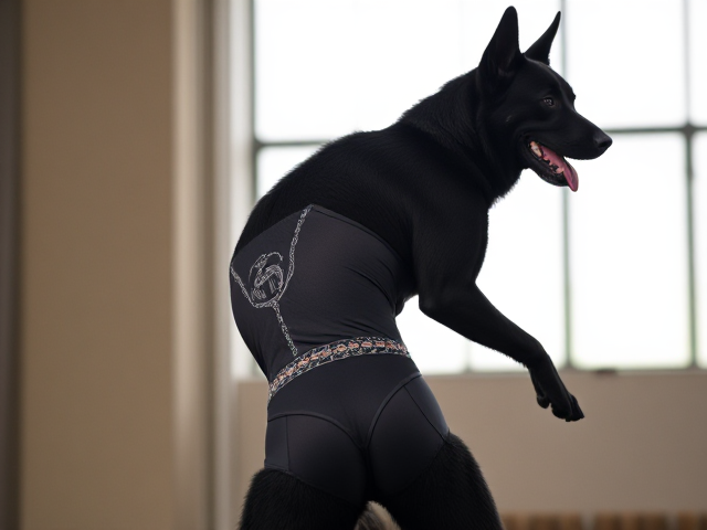 Anthropomorphic black German shepherd, broad shoulders, muscular back, wearing a detailed gymnastics leotard, dynamic pose, well-lit environment
