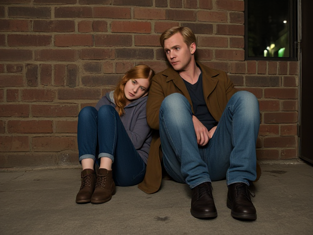 a petite, 13-year-old girl with strawberry blonde hair, wearing jeans and a hooded pullover, sits slumped with her back against a brick wall, feet forward, legs outstretched. Next to her sits a modern-day male vampire, 28 years old, with pale skin and blonde hair, dressed in jeans and a brown trenchcoat. The vampire is slumped against the wall as well, feet forwards, legs outstretched. The girl has a forlorn look and rests her head on the vampire's shoulder. Set at night in an abandoned warehouse, in a holding room with no windows. The vampire is roughed up from a fight. Both have their backs against the wall. 
The vampire looks straight ahead, worried.. they're in a locked room. Seen through a window in the door. Both have their egs outstretched, feet forward, flat on the ground.