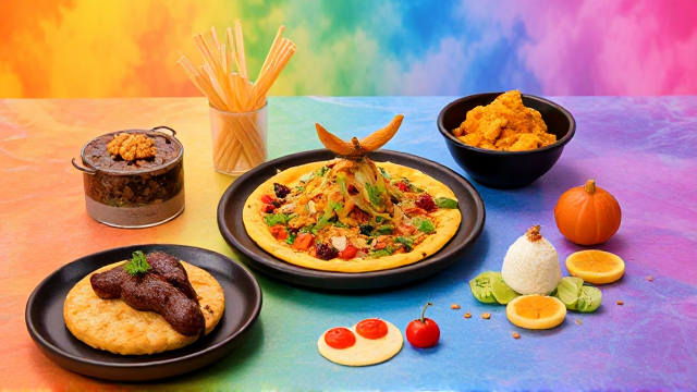 Delicious gourmet cuisine artfully arranged on a vibrant, colorful backdrop with transparent background