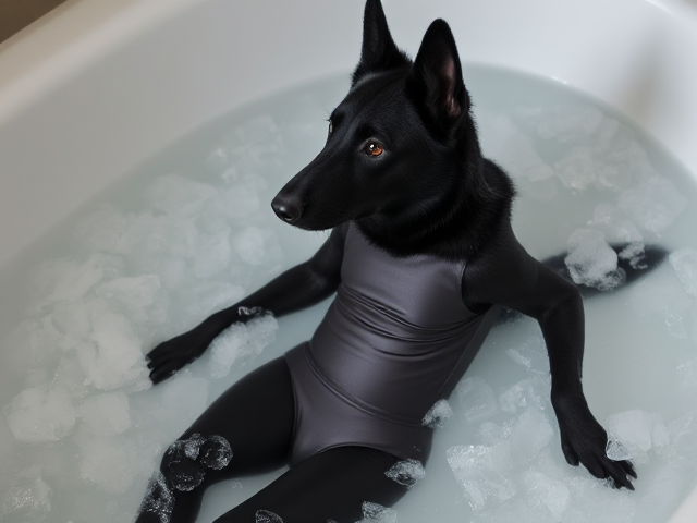 A anthropomorphic black German shepherd wearing a gymnastics leotard in a bath tub full of ice under the water