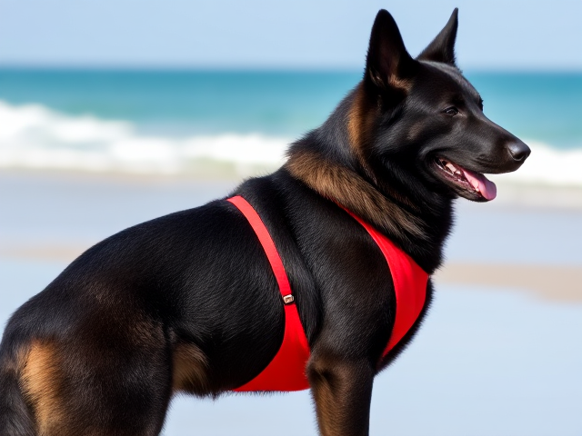 Anthropomorphic black German shepherd with well-defined strong hips, wearing a bright red lifeguard one-piece swimsuit, standing confidently on a sunny beach, realistic fur texture, dynamic pose
