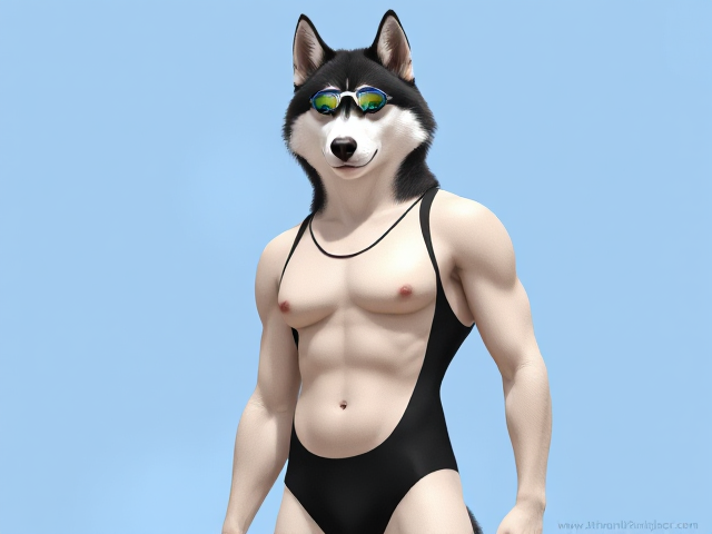 A tall and lean anthropomorphic Siberian husky with a long torso and broad shoulders wearing a high cut Nike one piece swimsuit and swimming goggles