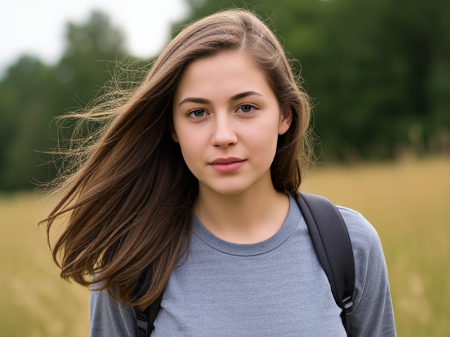 a thick-bodied preppy brown-haired college girl with a wide nose traversing a meadow