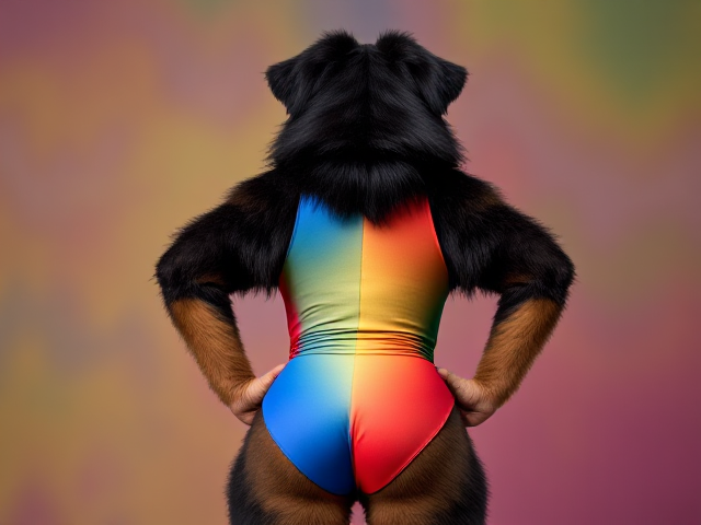 Anthropomorphic Bernese mountain dog with large hips, wearing a colorful gymnastics leotard, in an athletic pose, vibrant background