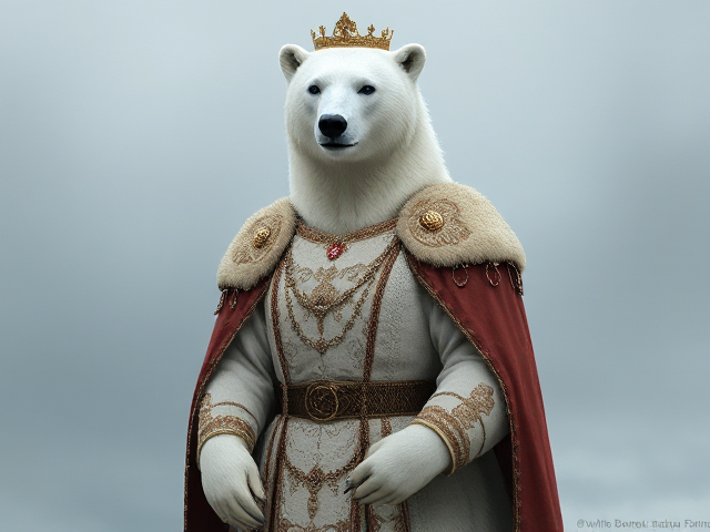 Image réaliste d'une femelle ours polaire habiller en princesse du moyen âge,
Debout, de plein pied 
On la voit en entière