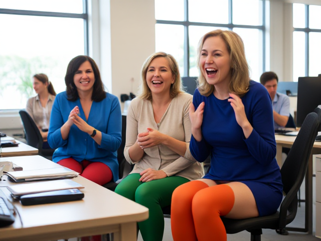 Beautiful 50-something women office workers in blue, red, green and orange stockings howling in hysterical laughter at their desks