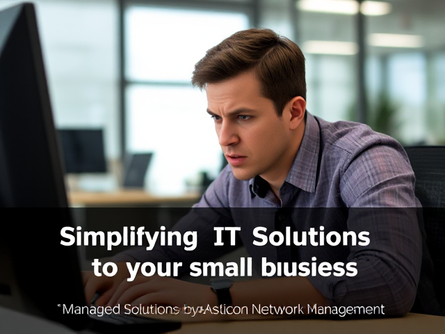 frustrated person at a computer in a modern office, expression of stress and concentration, with text below saying "Simplifying IT Solutions for your small business", below that text saying "Managed Solutions by Asticon Network Management", realistic lighting and details