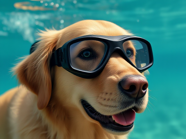 A golden retriever wearing Freediving goggles