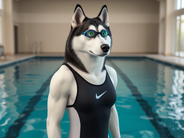 A tall anthropomorphic Siberian husky with a long torso and broad shoulders wearing a high cut Nike one piece swimsuit and swimming goggles, in a indoor swimming pool