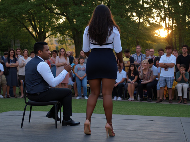 The park is bathed in the soft glow of the setting sun, casting long shadows across the lush green grass. The stage is a simple, makeshift affair, with Ian sitting in a chair, his eyes locked onto Beverly's. She stands before him, a vision in navy and white, her bare feet adorned with a hint of glamour. The crowd forms a semi-circle around the performance, their faces a mix of amazement and arousal as they watch the spectacle unfold. Beverly's skin is a flawless chocolate canvas, the muscles in her legs flexing with each step she takes. Her skirt clings to her hips, revealing the tantalizing curve of her thighs, and her blouse is unbuttoned just enough to hint at the lacy black bra beneath. Her stockings, a sheer delight, hug her legs like a lover's embrace, leading the eye to the dizzying height of her stilettos. The contrast between her professional attire and her bare feet is a delicious sight, a testament to the power of the hypnotist's art. The air is charged with anticipation, the scent of flowers and freshly cut grass mingling with the heady aroma of desire. Ian's fingers hover over her arches, poised to continue their silent symphony, while Beverly's eyes shine with a mix of excitement and challenge. The scene is a tableau of power, passion, and the unspoken, a dance of dominance and submission played out before an enraptured audience. (img1:0) , soft focus, depth of field, 8k photo, HDR, professional lighting, taken with Canon EOS R5, 75mm lens    Beverly's appearance: Beverly is a 45 year old curvy, black woman. She is very serious and severe and does not trust men. She is very argumentative and challenging, and wants everything her way. She avoids men and thinks she’s above them. Her sexy form and gorgeous looks. Her hair is long and straight. She likes to show off her long legs and pretty bare feet., sharp focus, depth of field, 8k photo, HDR, professional lighting, taken with Canon EOS R5, 75mm lens