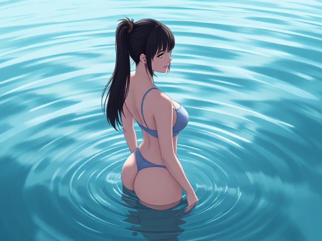 Woman standing in water back