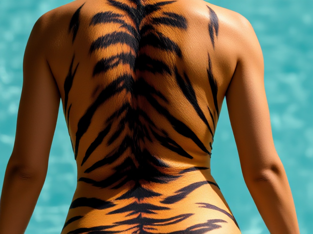 Tiger in a swimsuit from the back, realistic, detailed fur pattern, vibrant colors