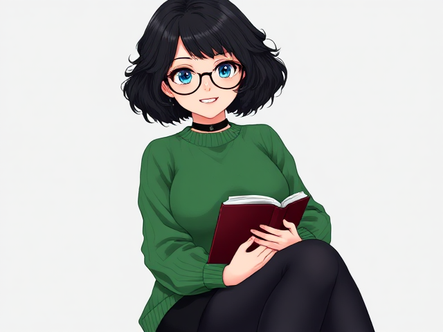 Anime girl have short curly black hair with blue eyes. She many freckles on her cheeks and she got braces on her teeth. She wears rounded glasses, she wears green sweater, a black choker, a black skirt with leggings and black shoes. She have a curvy body and curvy legs. Shes a nerd but very beautiful and shy. She holds book in her arms.