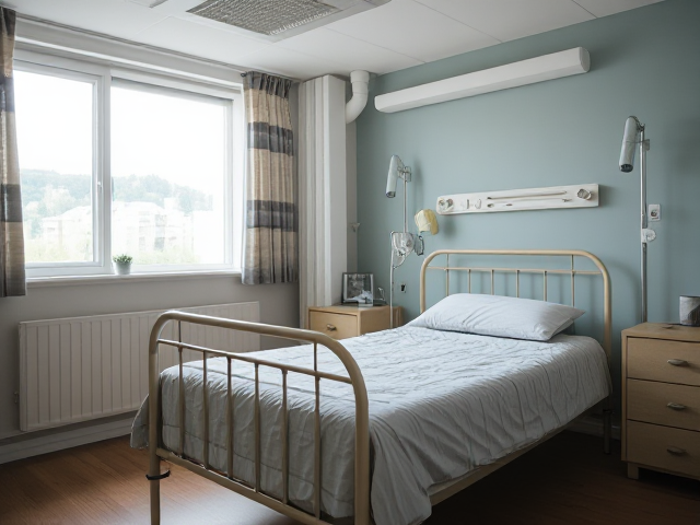 nursing home bedroom background. The bed is very close to the heating duct