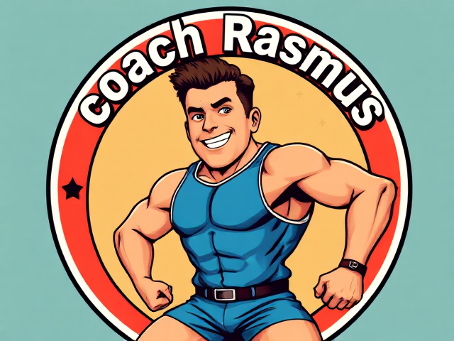 Cartoonist looking athlete in a dynamic pose, vibrant colors, wearing sports gear, inside a circular frame with bold text above 'coach Rasmus', background with subtle athletic motifs