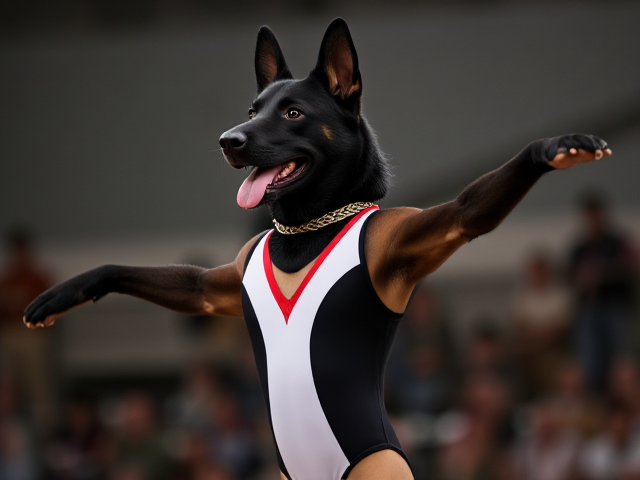 A anthropomorphic black German shepherd Olympic gymnast wearing a leotard