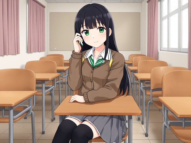 1girl bangs black_footwear black_hair black_legwear breasts buttons cardigan cellphone chair classroom closed_mouth collarbone collared_shirt curtains day desk dress_shirt eyebrows_visible_through_hair fingernails green_eyes green_neckwear grey_skirt hair_between_eyes hand_on_own_cheek hand_up head_rest highres holding holding_cellphone holding_phone idolmaster idolmaster_cinderella_girls indoors jewelry kemuri_haku kneehighs legs_crossed long_hair long_sleeves looking_at_viewer miniskirt necklace necktie phone pleated_skirt school_desk school_uniform shibuya_rin shirt sidelocks sitting skirt sleeves_past_wrists smartphone smile solo striped striped_neckwear white_shirt window wing_collar