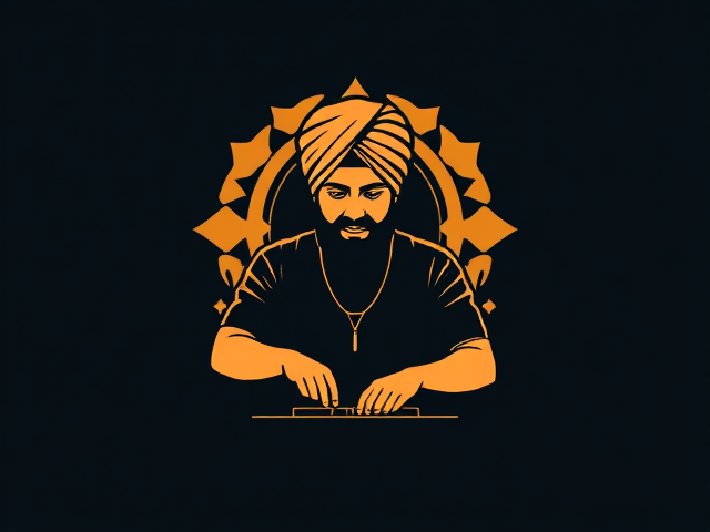 logo for a sikh DJ named 'DJ Spindra'. Give it components of sikhism and have the silhoutte of a sikh man djing