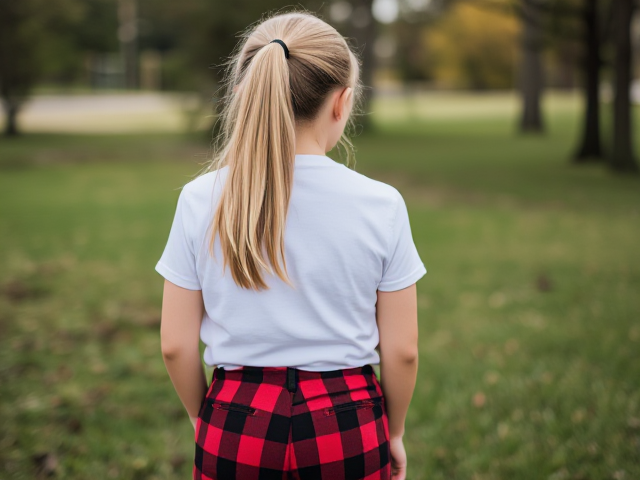 14 year old girl blonde ponytail butt in red and black plaid pants and white t Shirt