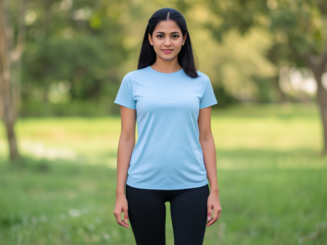 Thin Indian lady wearing a light blue t shirt and black leggings