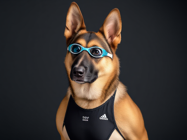A anthropomorphic German shepherd wearing an adidas swimsuit and swimming goggles