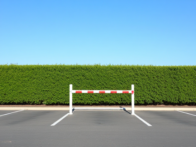 Une place de parking vide avec une haie verte bien taillée en arrière-plan, au milieu une place de parking réservée avec une barrière de péage devant, ciel bleu et clair, éclairage naturel