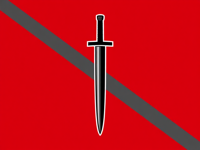 Drapeau rectangulaire avec un fond rouge foncé uni.
Au centre, un katana stylisé, cassé en deux parties verticalement alignées mais légèrement décalées, avec un fin contour gris clair autour du sabre pour le faire ressortir, sans liseré blanc.
Le katana doit avoir une forme courbée caractéristique d’un katana (pas une épée droite)
Une large bande diagonale gris acier traverse le drapeau de bas gauche vers haut droit, passant derrière le sabre.
Le style global est simple, moderne et minimaliste, avec une atmosphère sombre et menaçante.