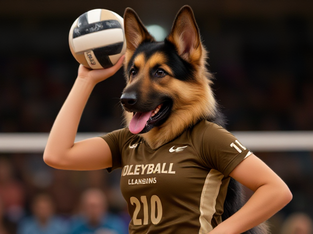A female anthropomorphic German shepherd volleyball player
