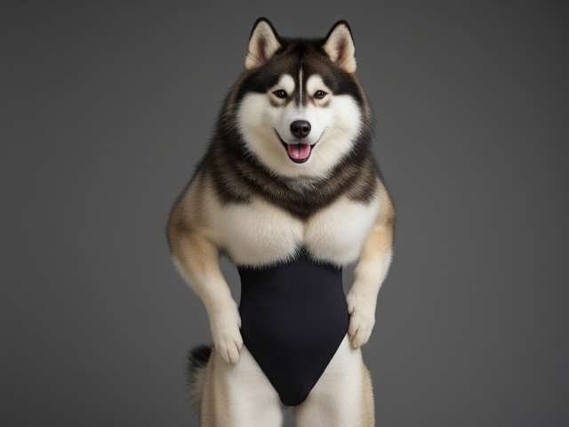 Anthropomorphic Alaskan malamute strong hips high-cut leotard