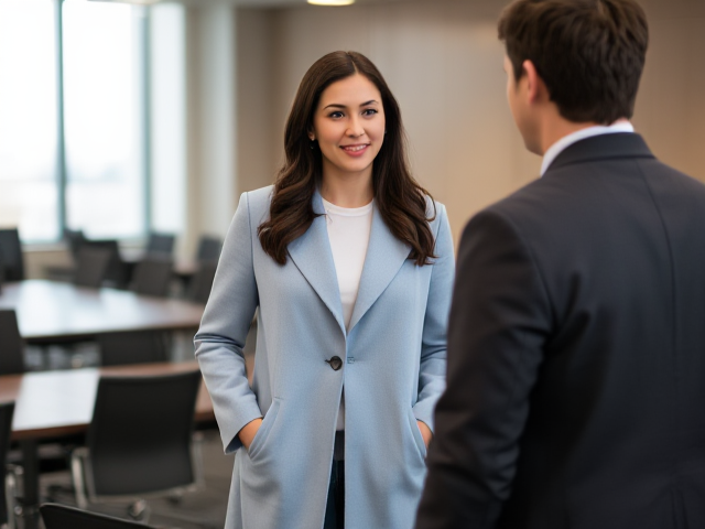 Brunette with dark brown hair wearing a light blue coat with jeans meets a man in a conference room