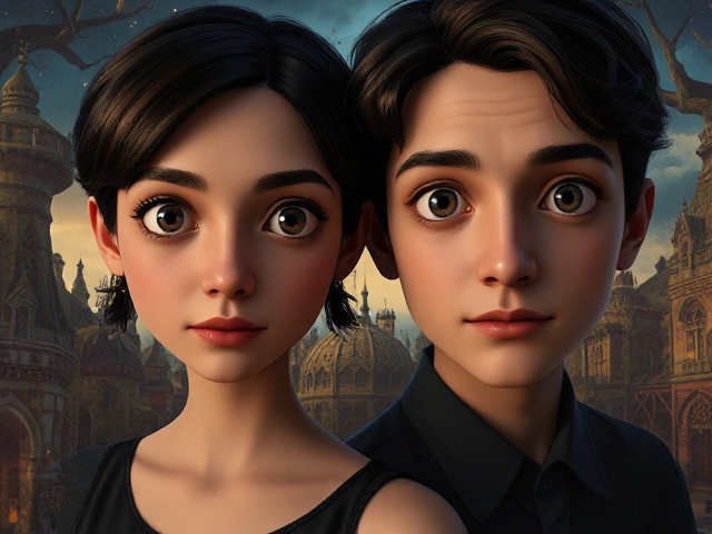 A surreal landscape reminiscing the style of Tim Burton with beautiful brunette female dark eyes handsome brunette male dark eyes trying to find their way from the sad into the good existential love lost yet hope myriad of confusing things and creatures. Ilorin spooky haunted hyper realistic elements of Salvador dali and Guillermo del Toro