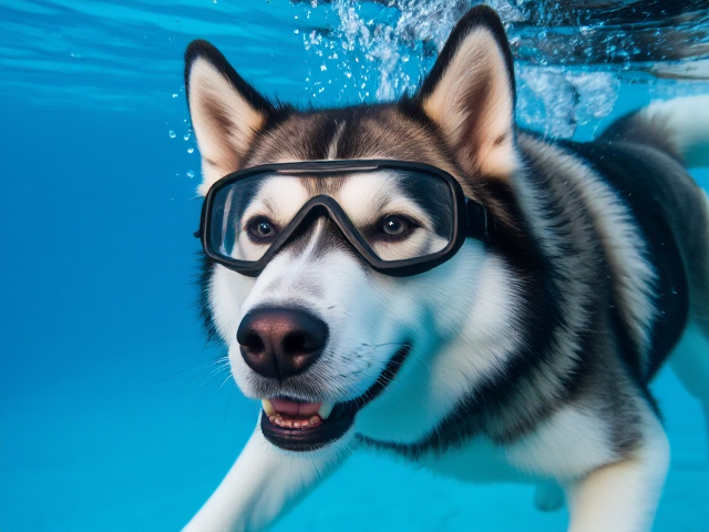 Alaskan malamute swimming underwater with freediving goggles, clear blue water, detailed fur and bubbles around