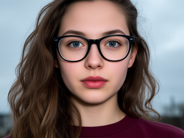 Pale petite teen girl, teal eyes, long curly brown hair, freckles over her nose, pouty lips. Wears glasses and a burgundy sweatshirt