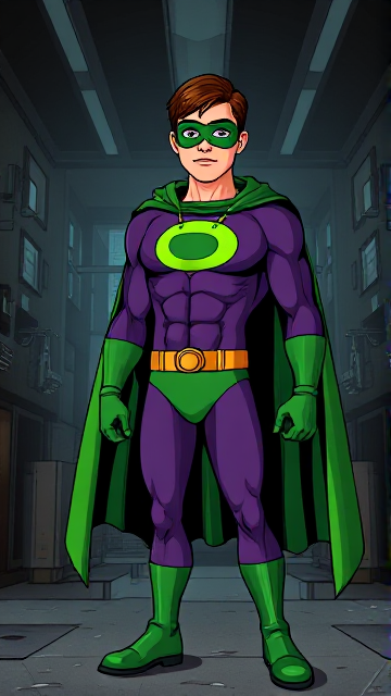 Dramatic Comic Book Cartoon scene: A young, Autistic 25-year old boy with light skin and flat, smooth, and slick brown hair named T.J. Granger, but transformed into a genetically-altered superhero named Powerman, who, despite still being a young adult kid, has an extremely muscular body. He wears a sleek purple suit with a green P symbol on his chest, a gold belt with a circular buckle, green briefs, green boots, green long-cuffed gloves, a really big, toe-length long, ultra-wide green cape wreathed around his neck, and a green eye mask that protects his true identity. He also has incredible and invincible superpowers flowing through his veins. In this scene, Powerman is currently standing in a dark, abandoned laboratory, looking for clues to the mystery he is trying to solve.