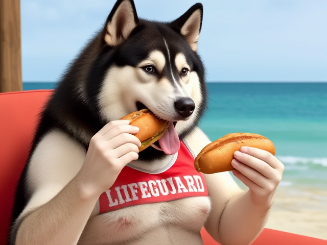 A anthropomorphic Alaskan malamute wearing a lifeguard one piece swimsuit eating a sub sandwich