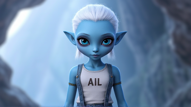 Create blue skin alien woman with white hair  and wearing a tank top and jeans outfit realistic. full body image,