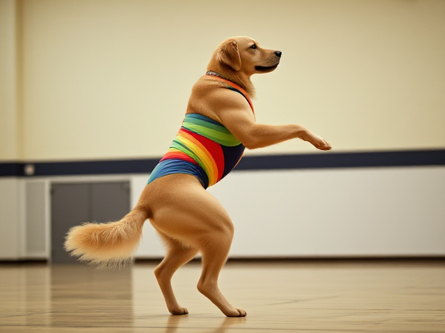 Anthropomorphic golden retriever with muscular hips, wearing a colorful gymnastics leotard, performing in a well-lit gymnasium setting