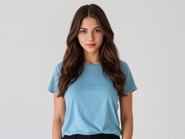 Brunette wearing a light blue t shirt and black pants