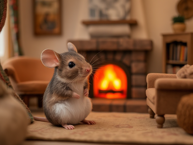Mouse sitting in a cozy, warmly lit room with a small fireplace, surrounded by tiny furniture like a miniature armchair and bookshelf, decorated with soft textiles and warm colors