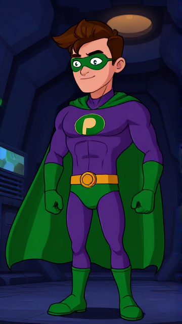 Cartoon scene: A young, Autistic 25-year old boy with light skin and flat, smooth, and slick brown hair named T.J. Granger, but transformed into a genetically-altered superhero named Powerman, who, despite still being a young adult kid, has an extremely muscular body. He wears a sleek purple suit with a green P symbol on his chest, a gold belt with a circular buckle, green briefs, green boots, green long-cuffed gloves, a really big, toe-length long, ultra-wide green cape wreathed around his neck, and a green eye mask that protects his true identity. He also has incredible and invincible superpowers flowing through his veins. In this scene, Powerman is currently standing in his secret high-tech underground lair, awaiting a call on the supercomputer from his masters about his next mission.