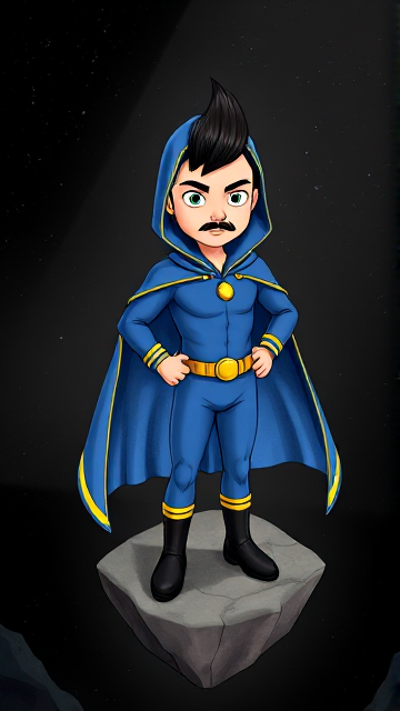 Dramatic Cartoon scene: A preteen 12-year old boy with light skin and freckles on his cheeks named Kyle Lipton, but transformed into a mysterious cosmic superhero named Dr. Dimensionpants, who, despite still being a kid, has an extremely muscular body. He wears a tight blue hood outlined by a yellow line that covers the back half of his head and leaves his ears exposed, with a smooth, slicked back black mohawk on top. He also wears a sleek blue bodysuit outlined with yellow lines on the cuffs of the sleeves and pants, a golden belt with a circular buckle, black boots, and a really big, heel-length long, ultra-wide blue cape with a really big collar outlined with yellow lines wreathed around his neck held up by a golden button. The pupils in his eyes are green, and he has a long black twin moustache, which help protect his true identity in this form. He also has incredible, invincible, and cosmic superpowers flowing through his veins. He is currently standing on a floating rock platform drifting through the pitch-black void of a mysterious dimension he finds himself trapped in, searching for a way to escape.