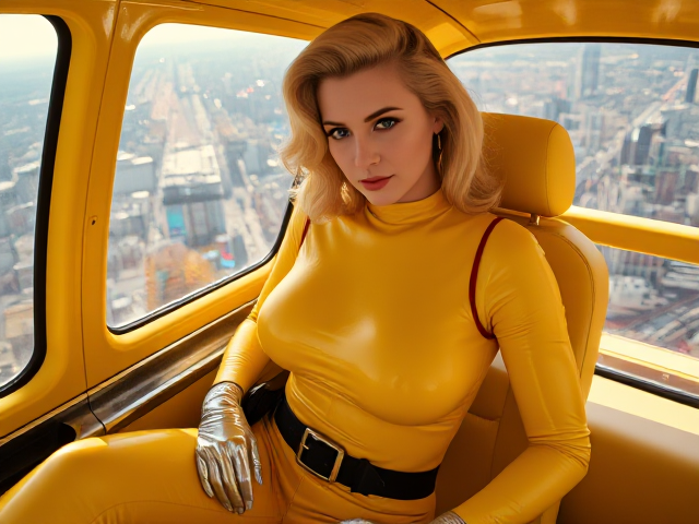 in 2160s a retro futuristically 1950s style city Evelyn, a 32-year-old blonde woman, blending the elegance of Marilyn Monroe and Jayne Mansfield, is seated in a futuristic, yellow self-driving (flying taxi:1.2) soaring above the city. Evelyn has a normal hourglass figure with large tits hanging down her navel, a symmetrical face with pale skin, and blue eyes. Her long, 1950s-style, mid-back length blonde hair is softly wavy. She wears a ((tight, long-sleeved, high-neck yellow rubber jumpsuit)) that reflects the surrounding city lights. The bodysuit is glossy and sleek, with a mirror-like finish that captures the vibrant neon lights of the futuristic city and the taxi's glowing interior. She wears a thin black leather belt, a black handbag, and silver latex gloves that reach up to her elbows. The taxi interior, with its metallic surfaces, lights, and reflections, mirrors on her suit. Evelyn’s face, however, is soft and natural, with subtle details—her skin is smooth and healthy, but not glossy or plastic-like. The focus is on her calm, focused expression, and the realistic texture of her skin contrasts with the high gloss of her outfit. The retro-futuristic city below is a blend of 1950s-style architecture mixed with modern flying cars, robots, and holographic advertisements. The cityscape has neon lights, metallic buildings with rust spots, and vintage cafés. The taxi’s clear windows show the glowing city lights streaking by as Evelyn gazes ahead.

In a retro-futuristic, 1950s-style town in the 2160s, Evelyn, a 32-year-old blonde woman who combines the elegance of Marilyn Monroe and Jayne Mansfield, is a futuristic, 1950s vintage sci-fi style woman in the bedroom of a 1950s style apartment on the fiftieth floor of a high-rise building, Evelyn sits on the edge of a rude double French bed, Evelyn has large breasts hanging to her navel, a symmetrical face with pale skin and blue eyes. Her long, 1950s blonde hair, which reaches to mid-back, is softly wavy. Evelyn wears a spaghetti-strapped red satin knee-length sweatshirt. But Evelyn's face is soft and natural with fine detail - her skin is smooth and healthy. Morning sunlight filters in from the window. Beyond the glass The retro-futuristic city below is a blend of 1950s architecture, with modern flying cars, robots and holographic advertisements. The cityscape features neon lights, rust-stained metal buildings and vintage cafés.

Key Visual Keywords: Photo realistic, detailed, glossy latex, futuristic reflections, neon lights, natural skin texture, smooth skin, realistic face, retro-futuristic city, metallic textures, rust, dirt, light reflections, self-driving taxi, 2160s, vintage, 1950s, cinematic shot, dynamic lighting, sharp focus, fine details, 8k, HDR, realism, realistic, key visual, film still, cinematic color grading, 1950s supervision, depth of field, natural beauty, bokeh, sunlight, surrealism, freckle, mole, wrinkle