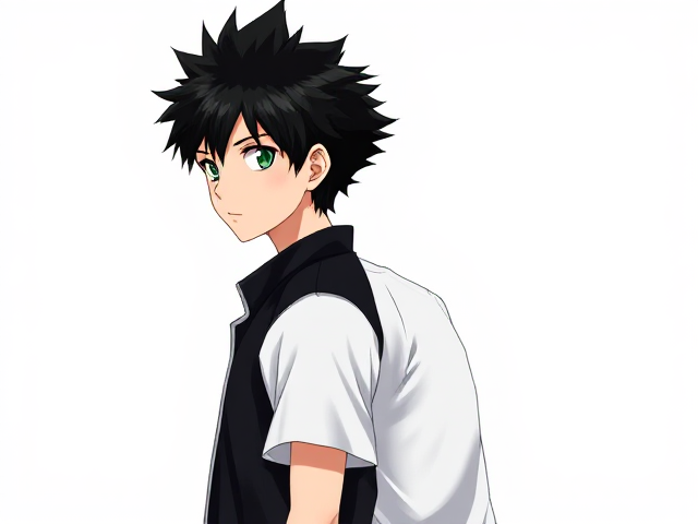 My hero academia inspired styled OC. Black spikey hair. Around 14. Wears a white T-shirt with a black jacket. 3/4 view like he's standing back to back. Green or grey eyes.