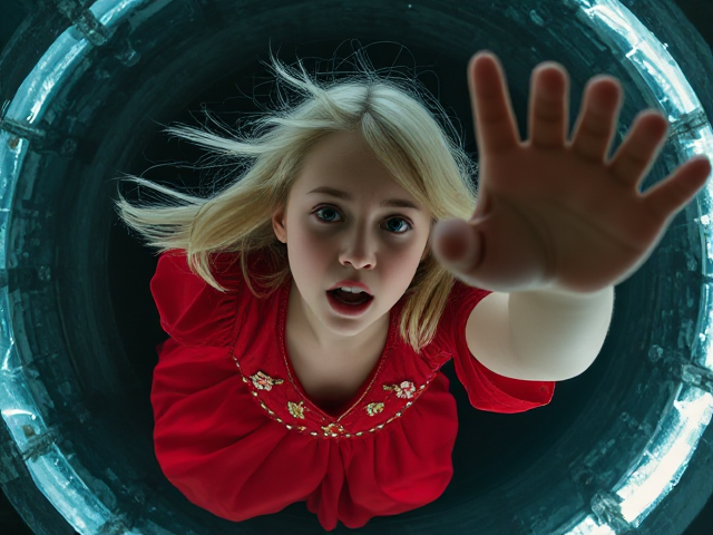 A girl about 21 with blonde hair and pale skin, wearing a red dress with gold beads and delicate flowers, falling through a portal, reaching up towards someone, scared.
