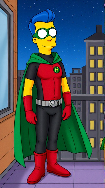 Cartoon scene: Milhouse Van Houten from The Simpsons, with his yellow skin, really big round nose, and blue hair that's slicked back and curled up at the top, but as a tall, 18-year old teenager, dressed as a parody of Robin, The Boy Wonder, with an extremely muscular body, a dark green bodysuit with a red torso adorned with a green H symbol on his chest, a grey utility belt, red boots, red long-cuffed gloves, a big, heel-length long, ultra-wide green cape wreathed around his neck held up by a silver triangular button, and a green eye mask with optical lenses in it, now known as Houseboy, The Nerd Wonder, the other half of Springfield's Dynamic Duo, and one of the greatest vigilante superheroes ever known in Springfield. The teenage vigilante hero is currently standing on his bedroom balcony at night as he gazes up to the starry skies, wondering what his true destiny is.