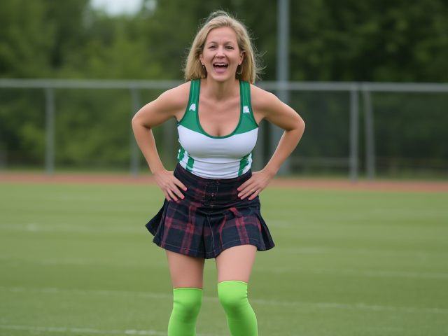 Beautiful middle aged woman athlete with great calf muscles in bright green thigh high socks, a kilt, a tight white and green tank top and cleats, howling in hysterical and uncontrollable laughter while standing in a playing field