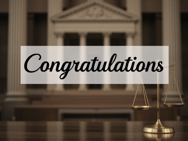 Can you create a congratulations sign with a court background and include handcuffs and a justice scale